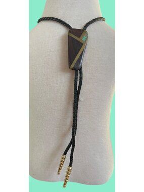 Handcrafted Wood & Brass Bolo Tie With Turquoise Inlay Braided Black Cord Gold-T